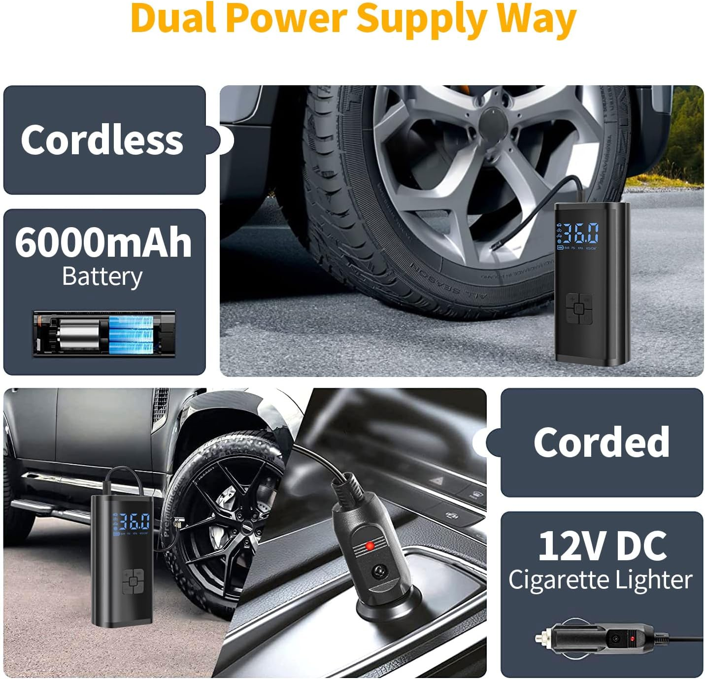 Tire Inflator Portable Air Compressor, 150 PSI Rechargeable Auto Air Pump for Tire Pump with Digital Pressure Gauge for Bicycle AUTO Tyre Balls, Car RepairTools, Car Accessories