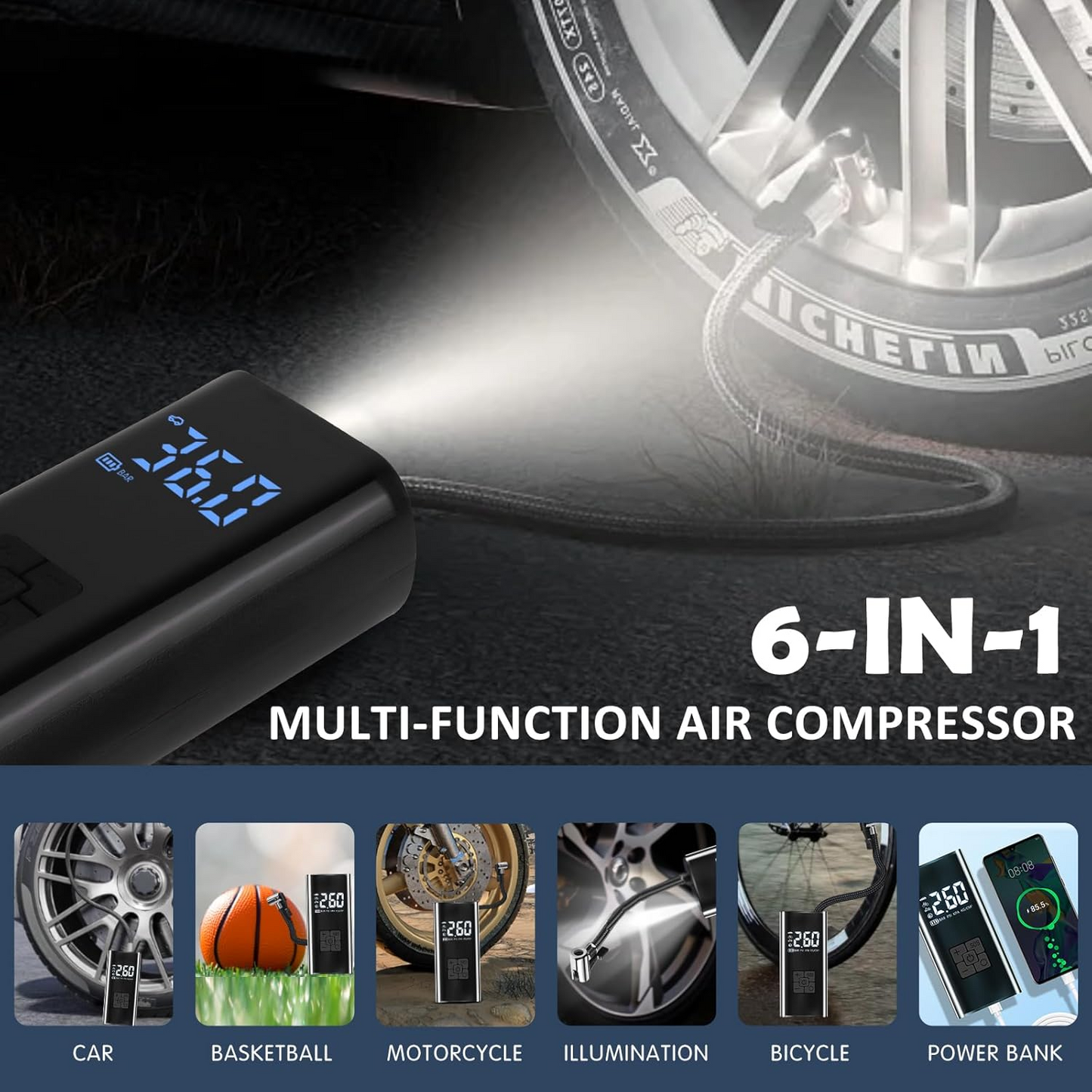 Tire Inflator Portable Air Compressor, 150 PSI Rechargeable Auto Air Pump for Tire Pump with Digital Pressure Gauge for Bicycle AUTO Tyre Balls, Car RepairTools, Car Accessories