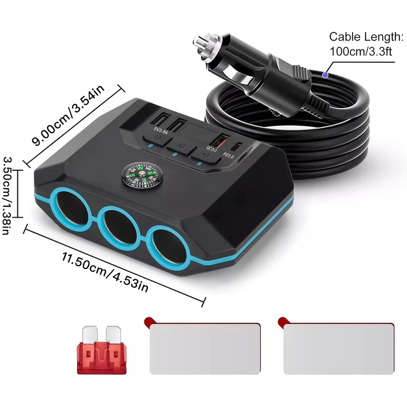Upgraded Car Cigarette Lighter Adapter Splitter, 120W, 3 Sockets+3 USB+ 1 TypeC include 2 Quick Charge Ports, QC 3.0 And PD 3.0, LED Voltmeter, Independent Switches, Car Fast Charger, Suitable for 12V-24V Vehicles