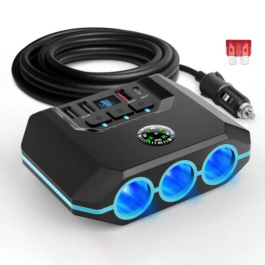 Upgraded Car Cigarette Lighter Adapter Splitter, 120W, 3 Sockets+3 USB+ 1 TypeC include 2 Quick Charge Ports, QC 3.0 And PD 3.0, LED Voltmeter, Independent Switches, Car Fast Charger, Suitable for 12V-24V Vehicles